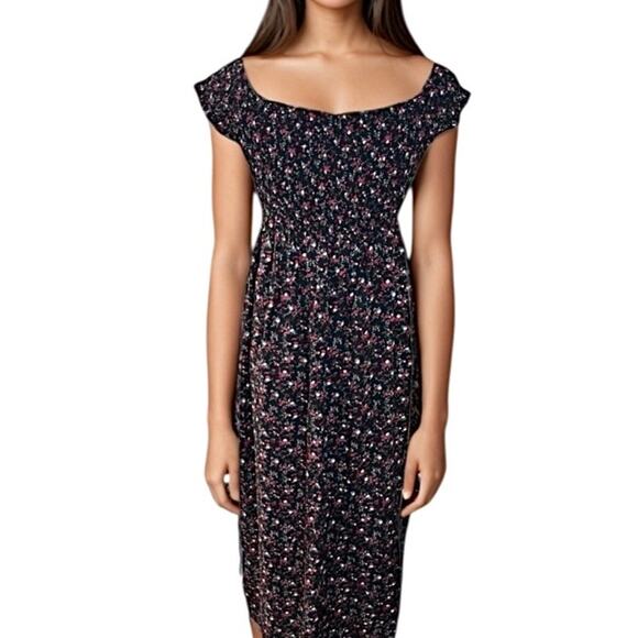 Cottagecore black floral maxi dress smocked off the shoulder casual summer - Picture 1 of 8